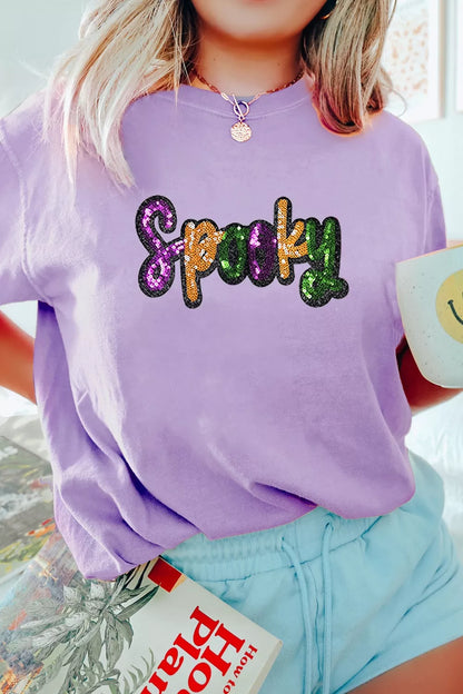Full Size Spooky Sequin Letter Patched Cotton Blend T Shirt Plus Size - Lavender - View 2