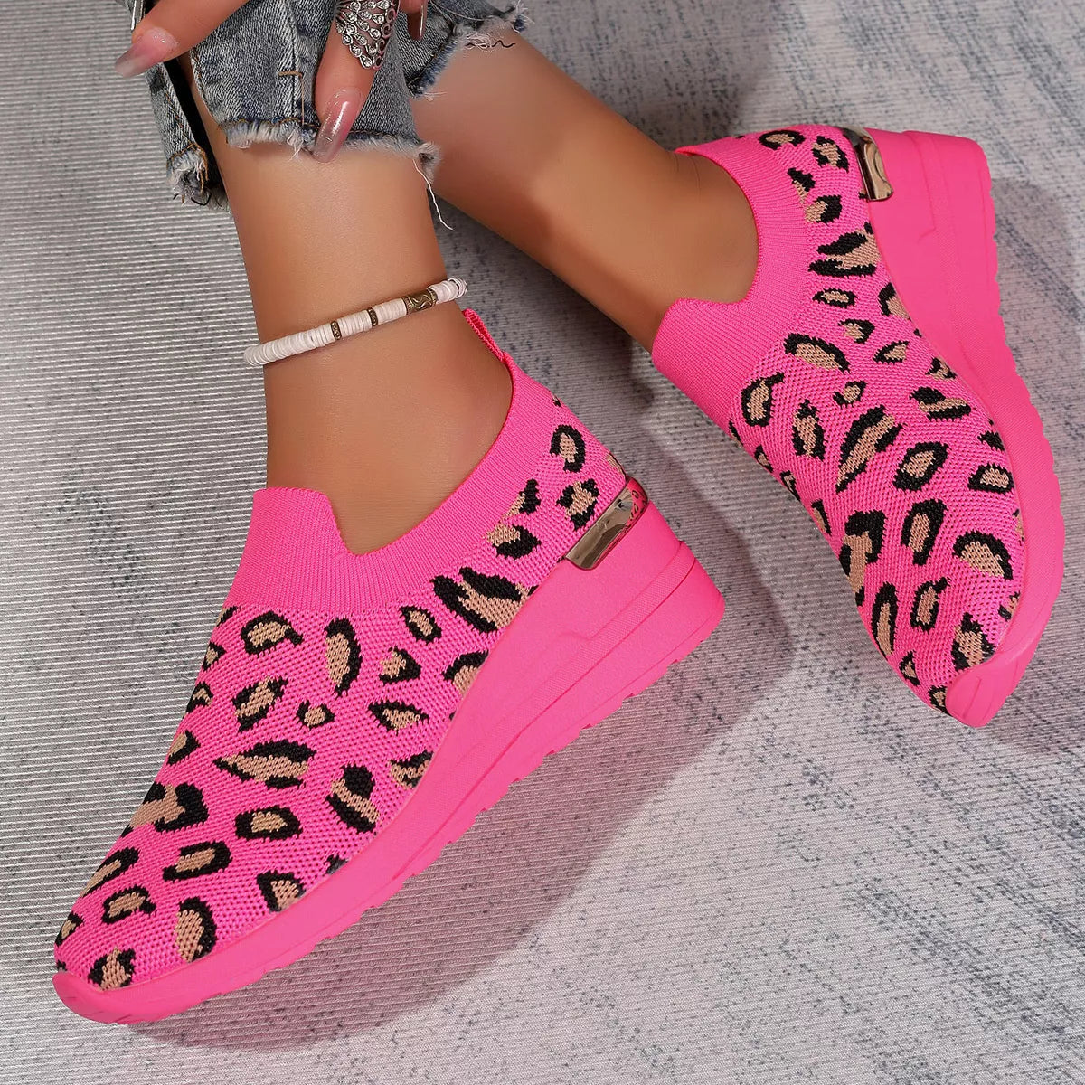 Mesh Round Toe Wedge Athletic Sneakers - Rose Leopard Print - View 9