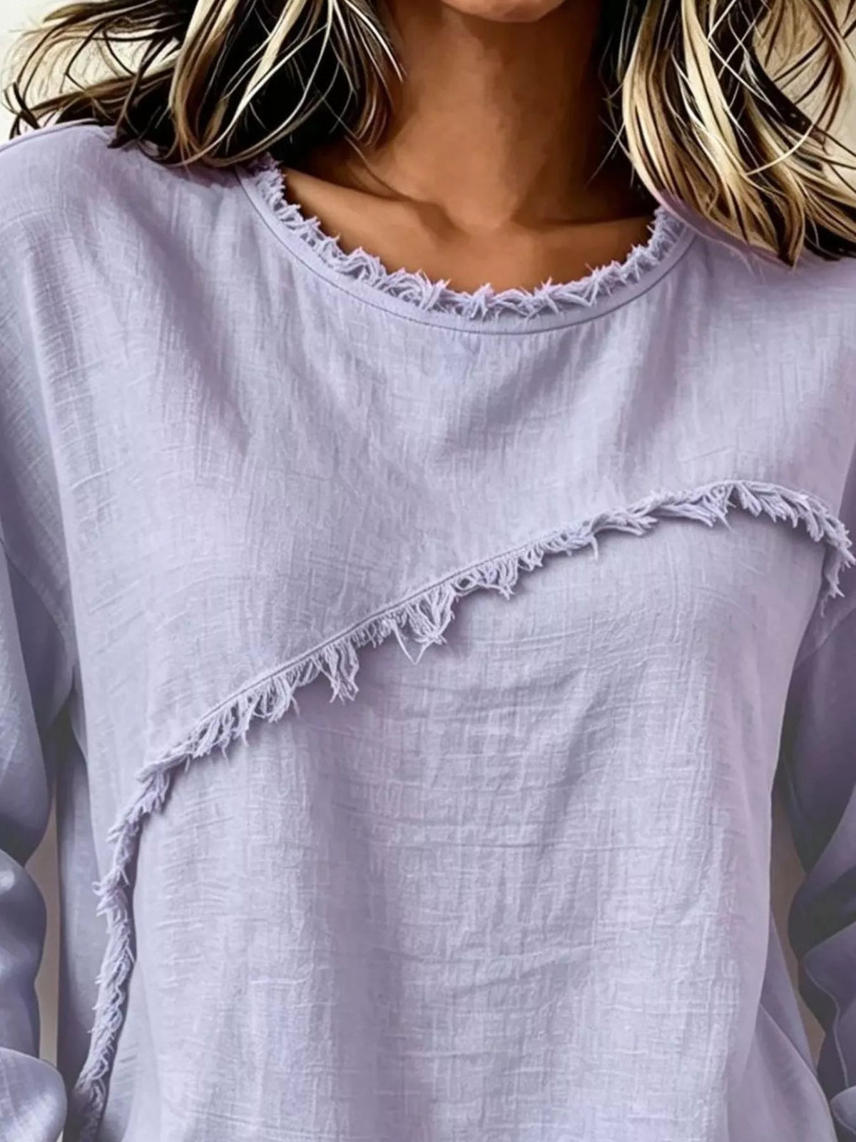 Frayed Hem Dropped Shoulder Blouse - Lavender - View 5