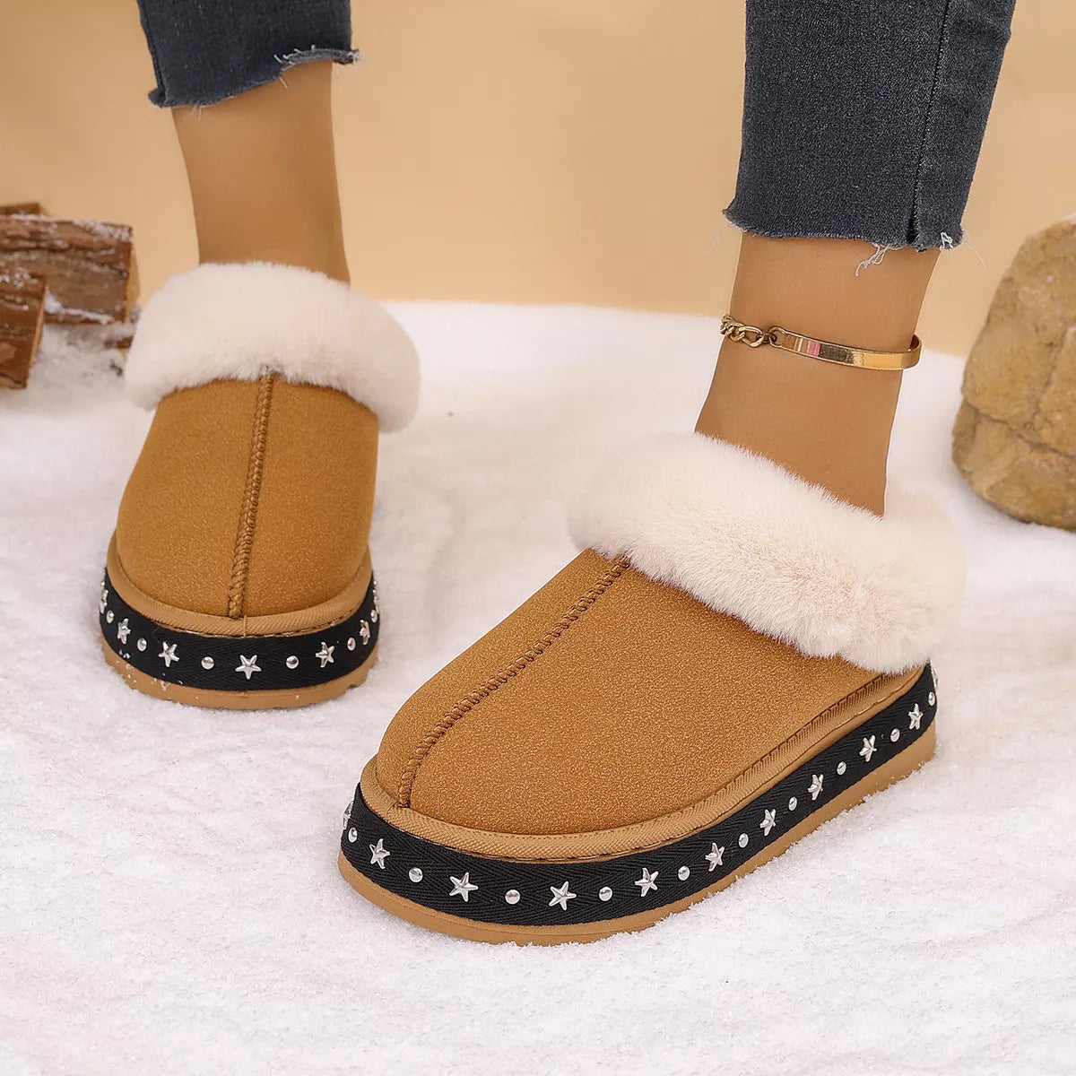 Faux Fur Lined Platform Ankle Boots - Brown - View 1
