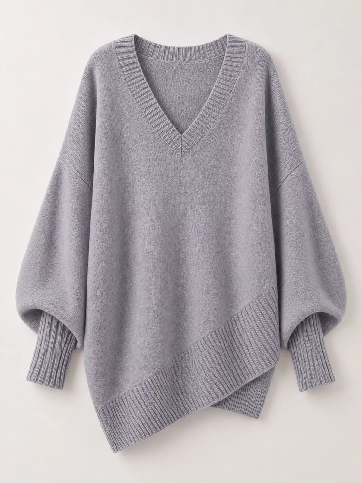 Full Size V-Neck Oversized Batwing Sleeve Sweater Plus Size - Light Gray - View 45