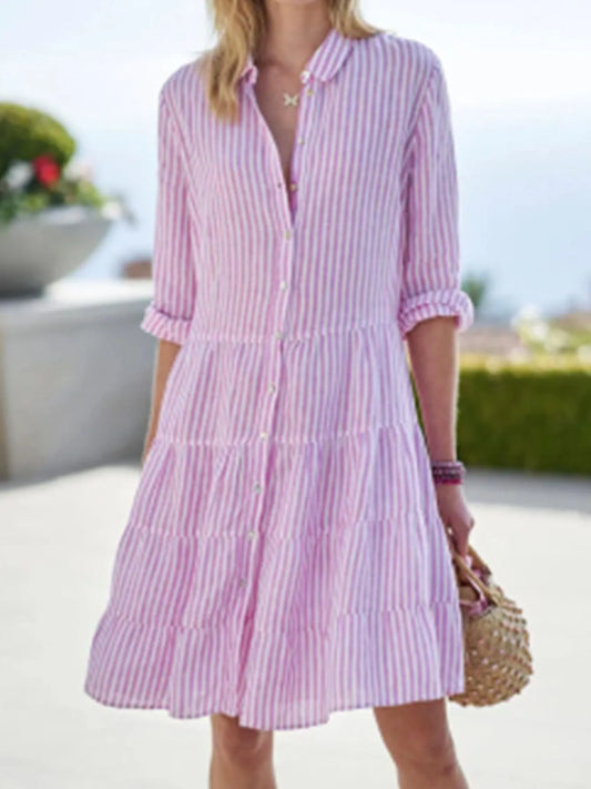 Full Size Striped Button-Down Shirt Dress with Tiered Ruffle Hem Plus Size - Pink - View 2