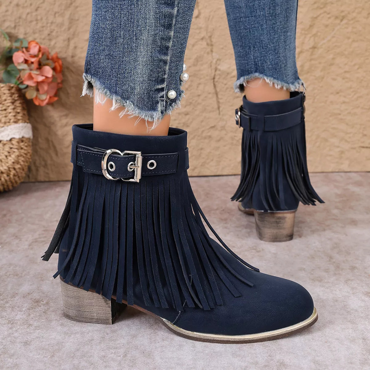 Fringe Ankle Boots with Buckle Detail - Blue - View 1