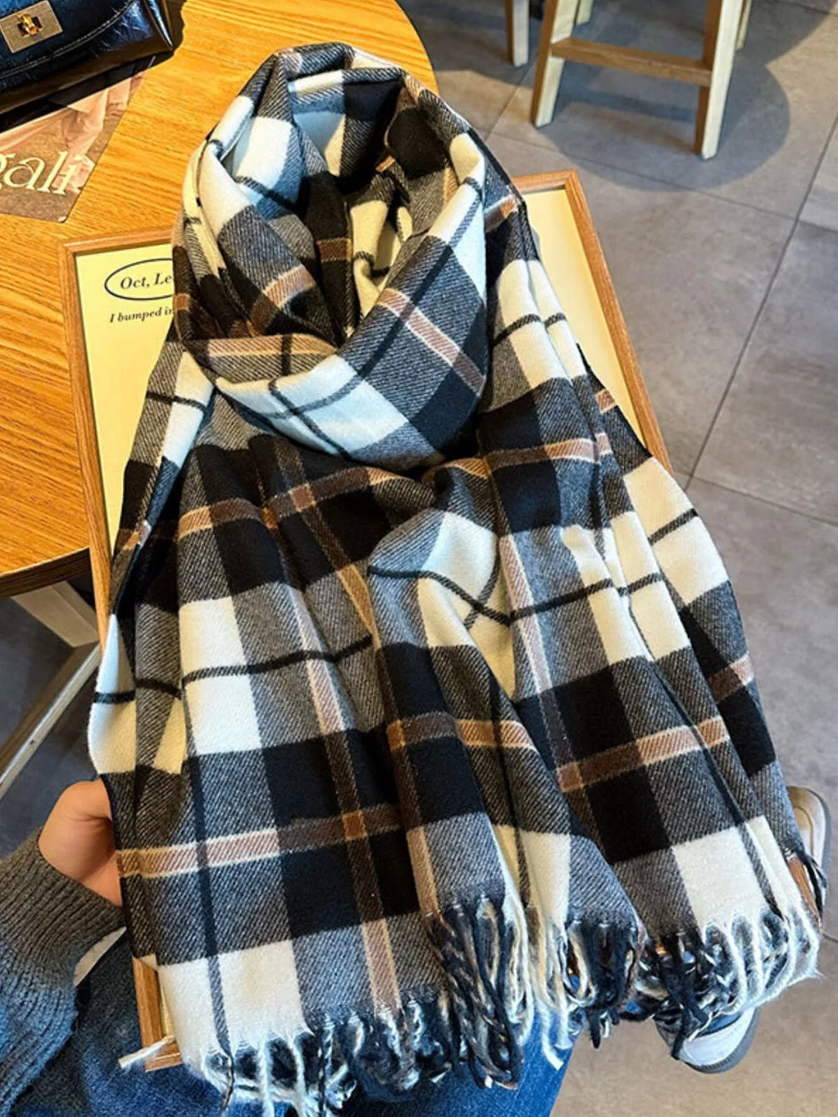 Classic Plaid Fringe Scarf - Black - View 9