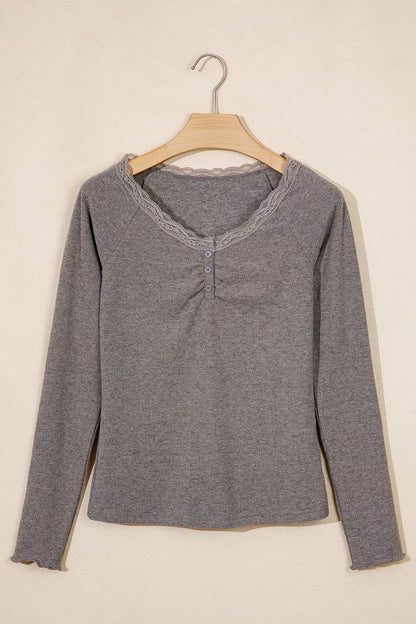 Solid Color Ribbed Lace Trim V-Neck Button Detail Long Sleeve Top - Dark Gray - View 4