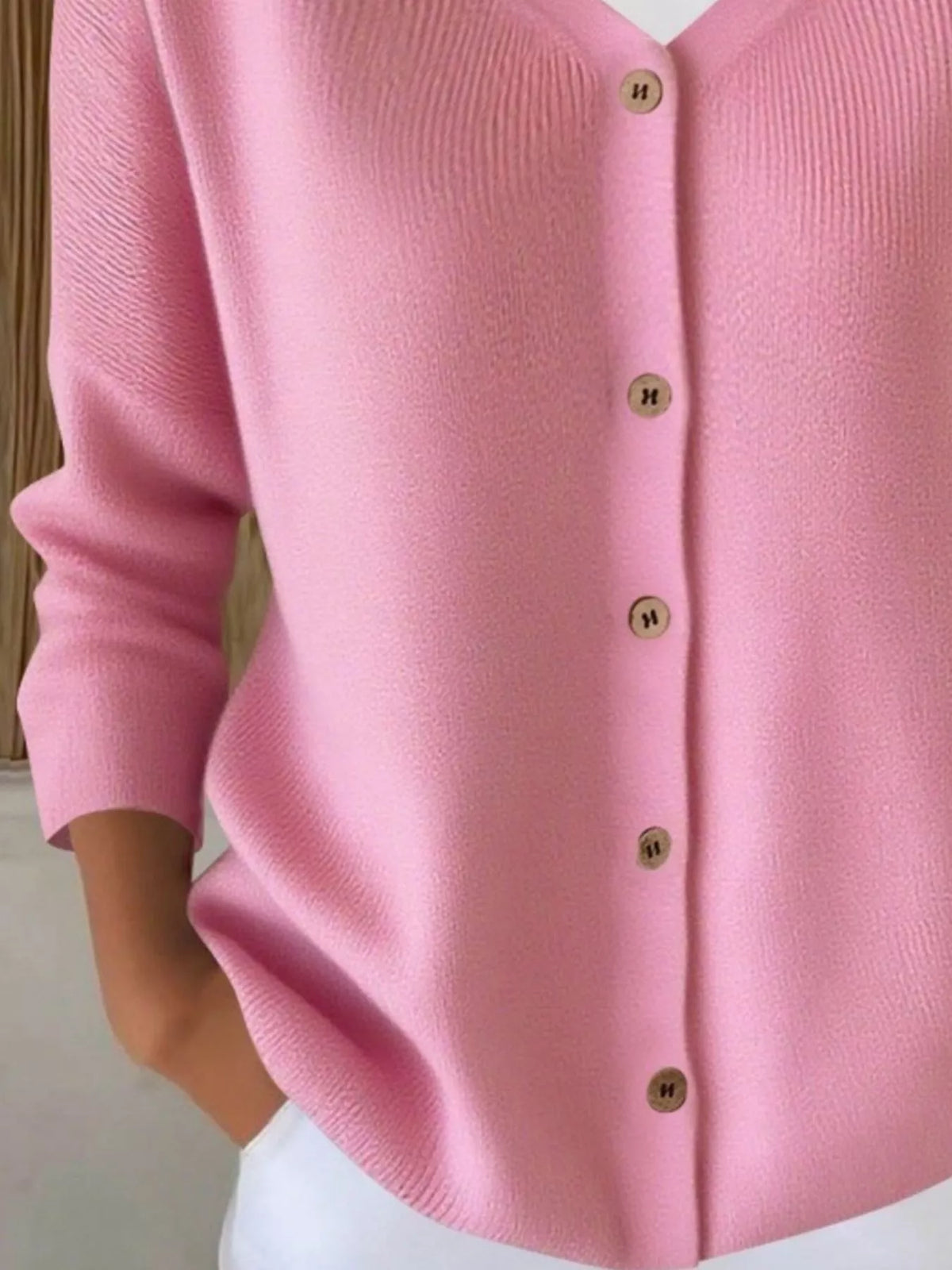 V-Neck Button-Down Ribbed Knit Cardigan - Pink - View 3