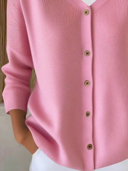 V-Neck Button-Down Ribbed Knit Cardigan - Pink - View 3