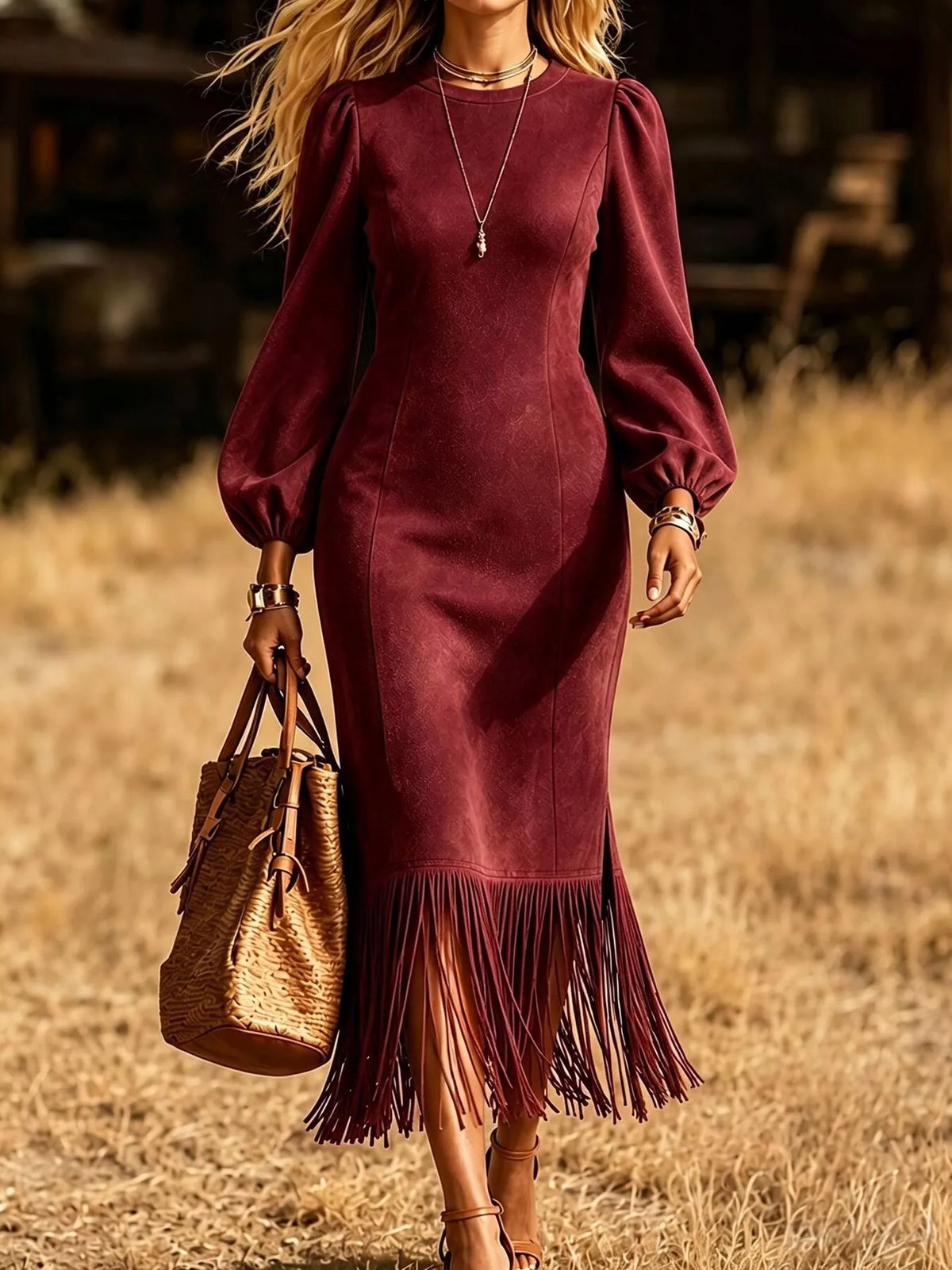 Fringe Balloon Sleeve Midi Dress - Burgundy - View 1