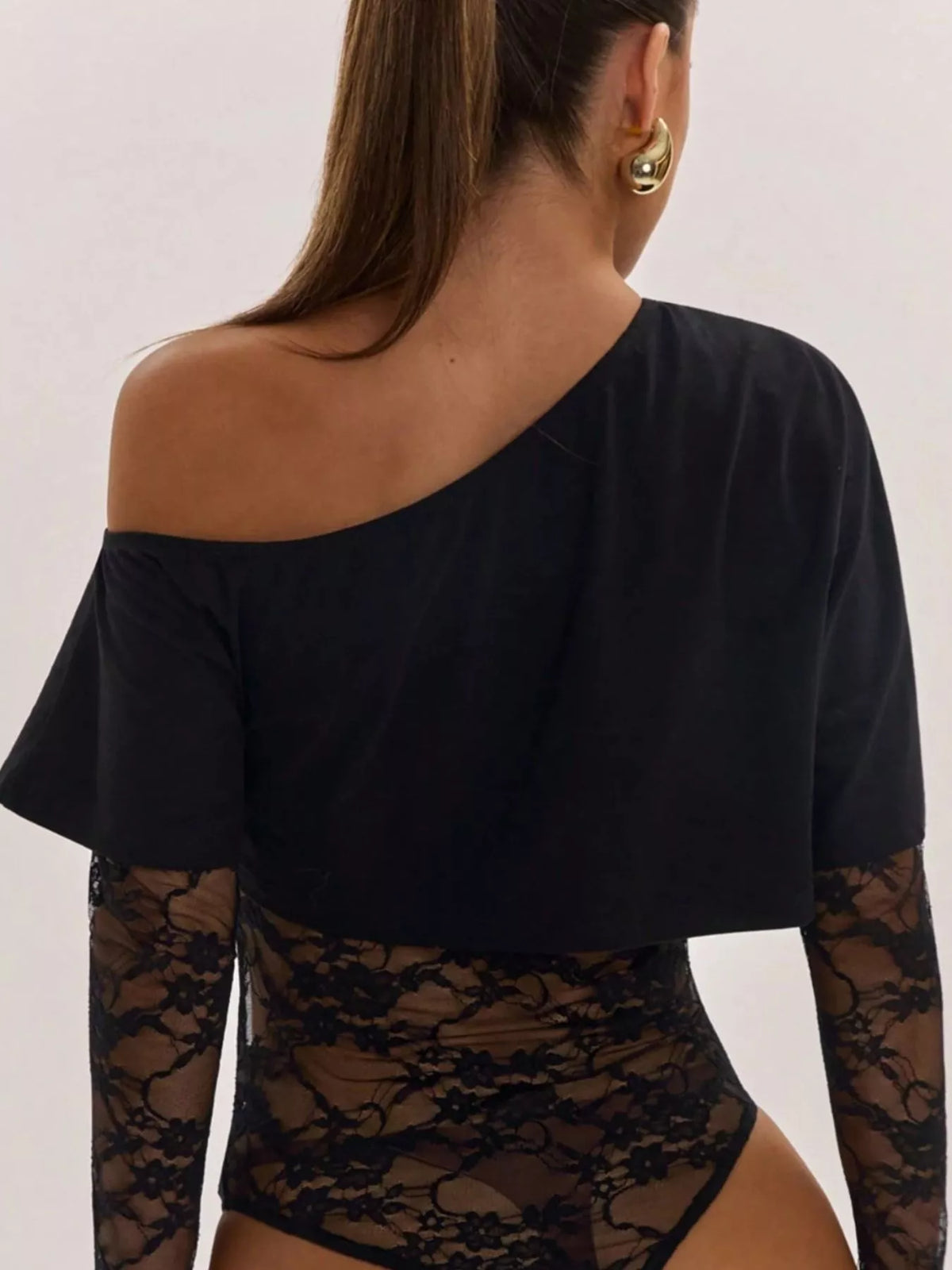 One-Shoulder Lace Bodysuit - Black - View 3