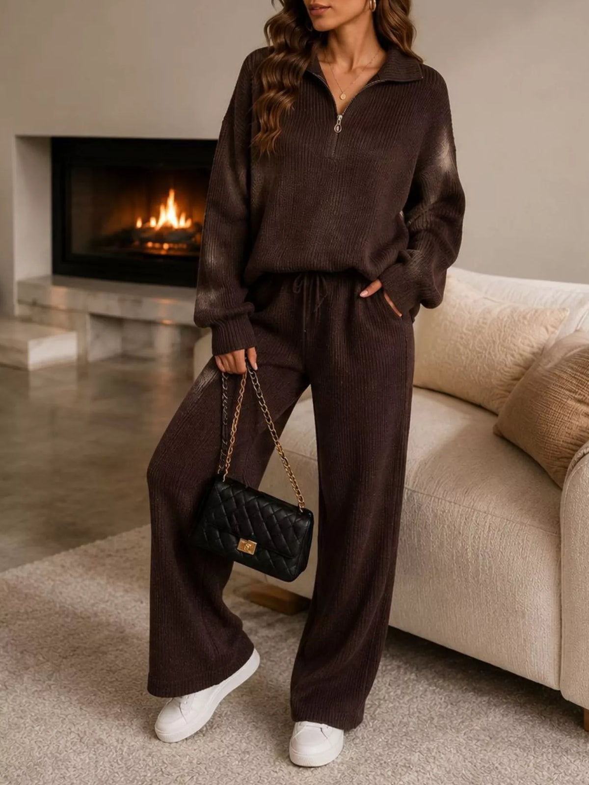 Ribbed Knit Quarter-Zip Top and Wide-Leg Pants Set - Dark Brown - View 1
