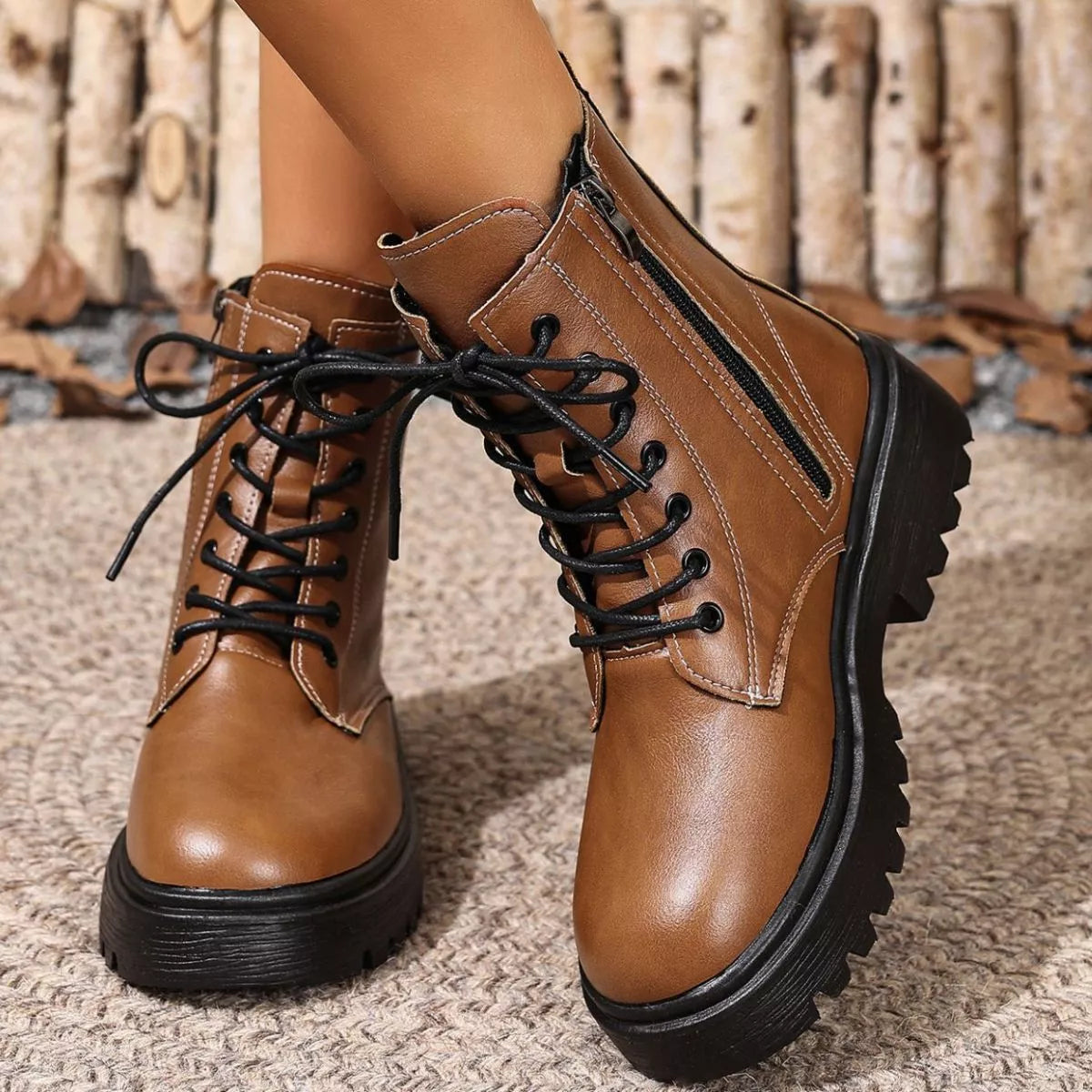 Round Toe Block Heels Boots - Brown - View 1