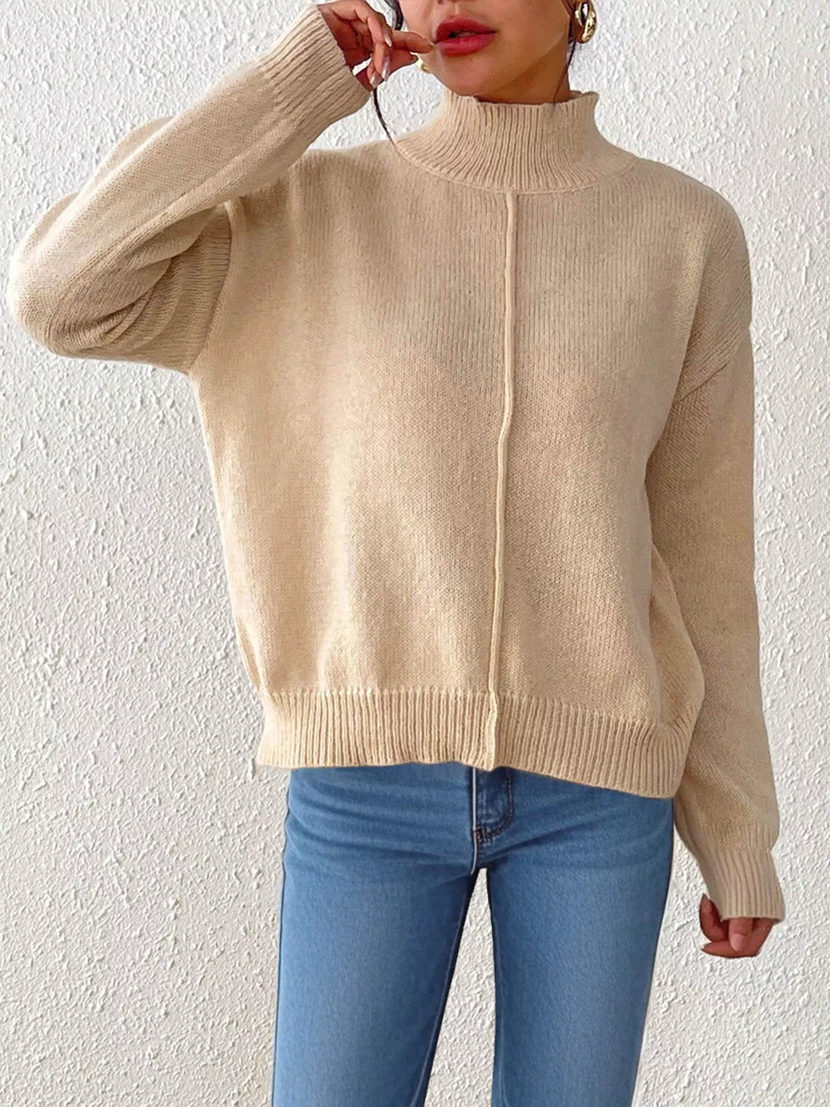 Center Seam Detail Turtleneck Sweater - Khaki - View 2