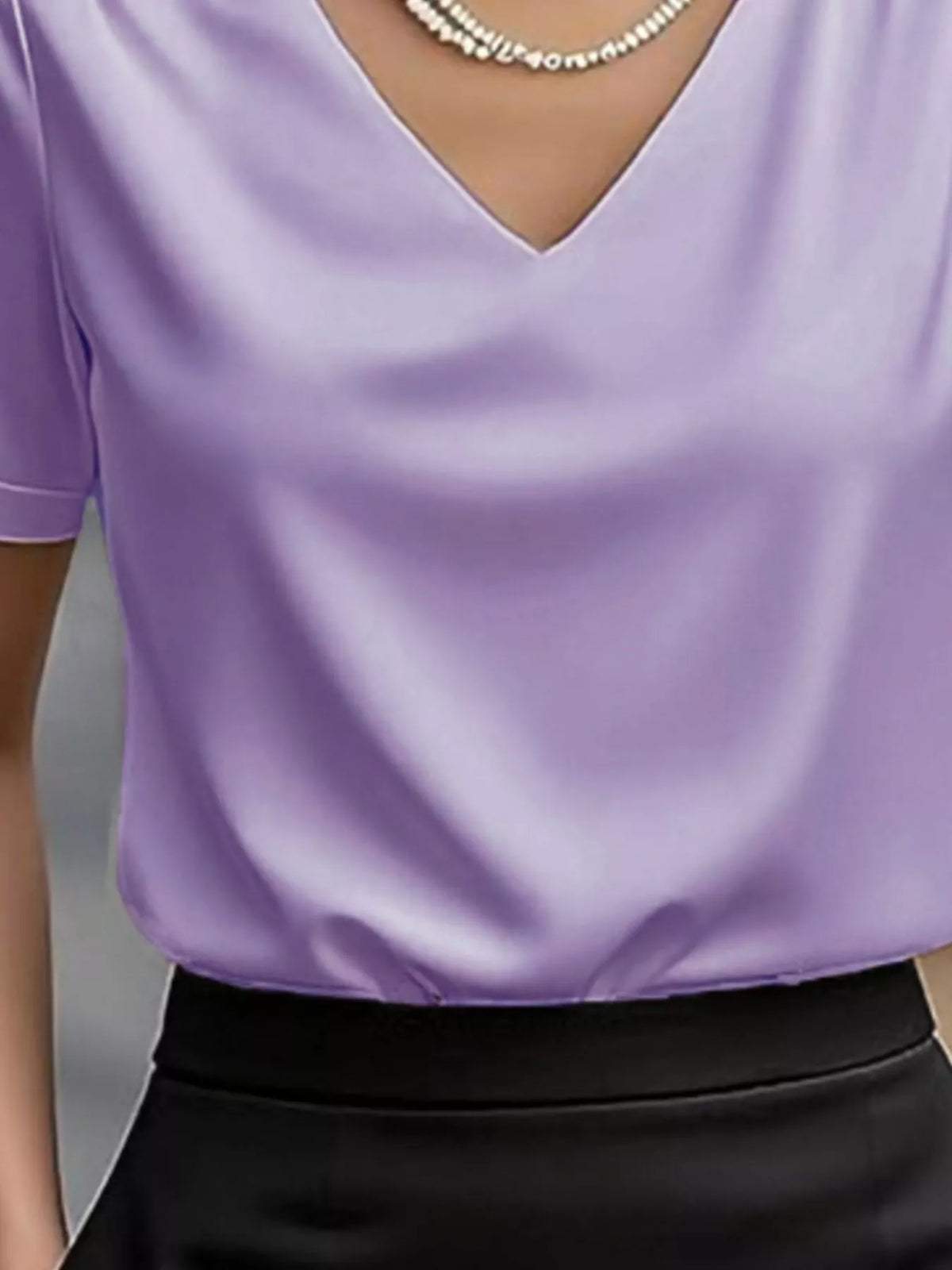 V-Neck Short Sleeve Satin Blouse - Light Purple - View 15