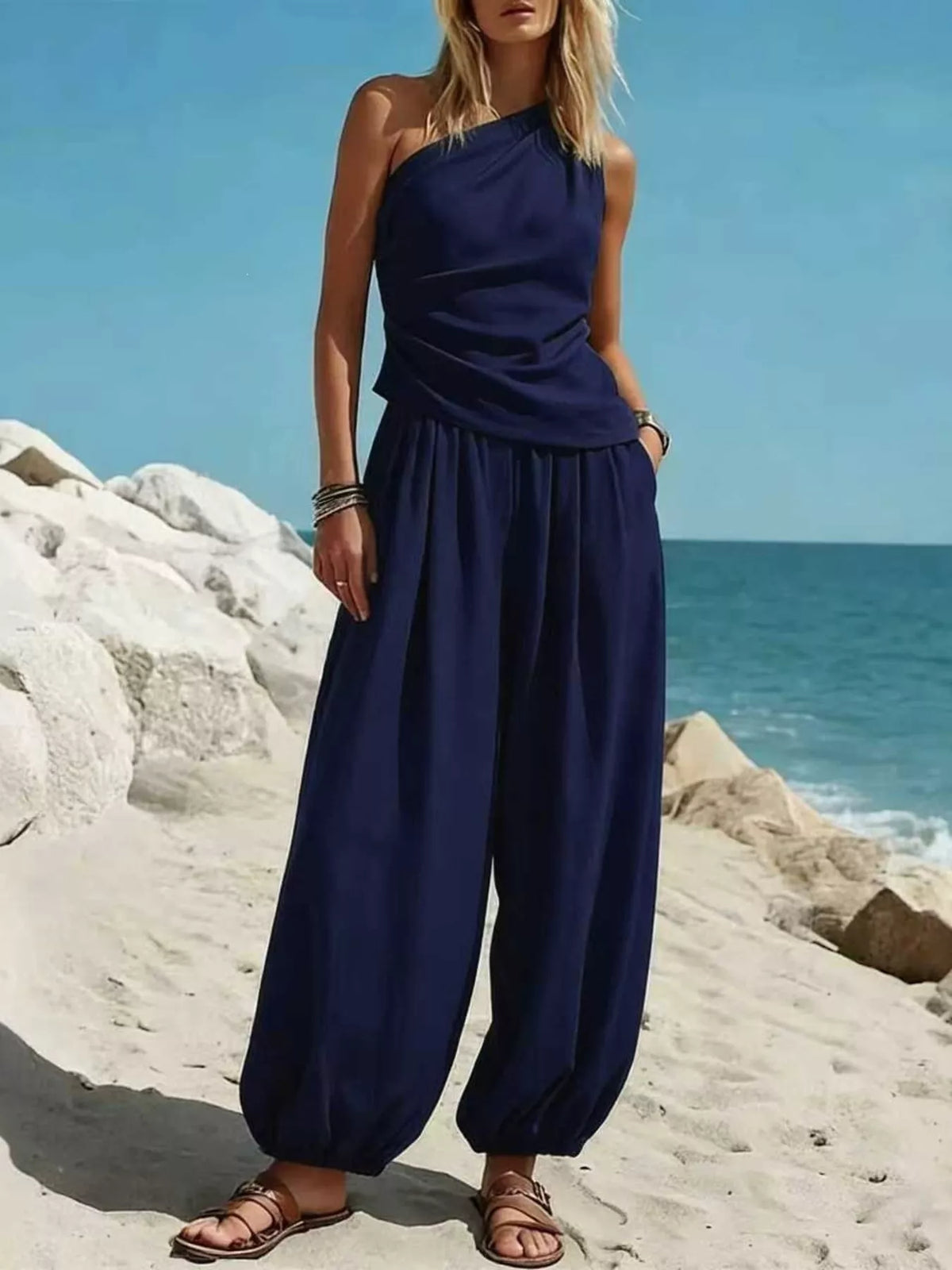 Full Size One-Shoulder Sleeveless Top and Harem Pants Set Plus Size - Navy Blue - View 1