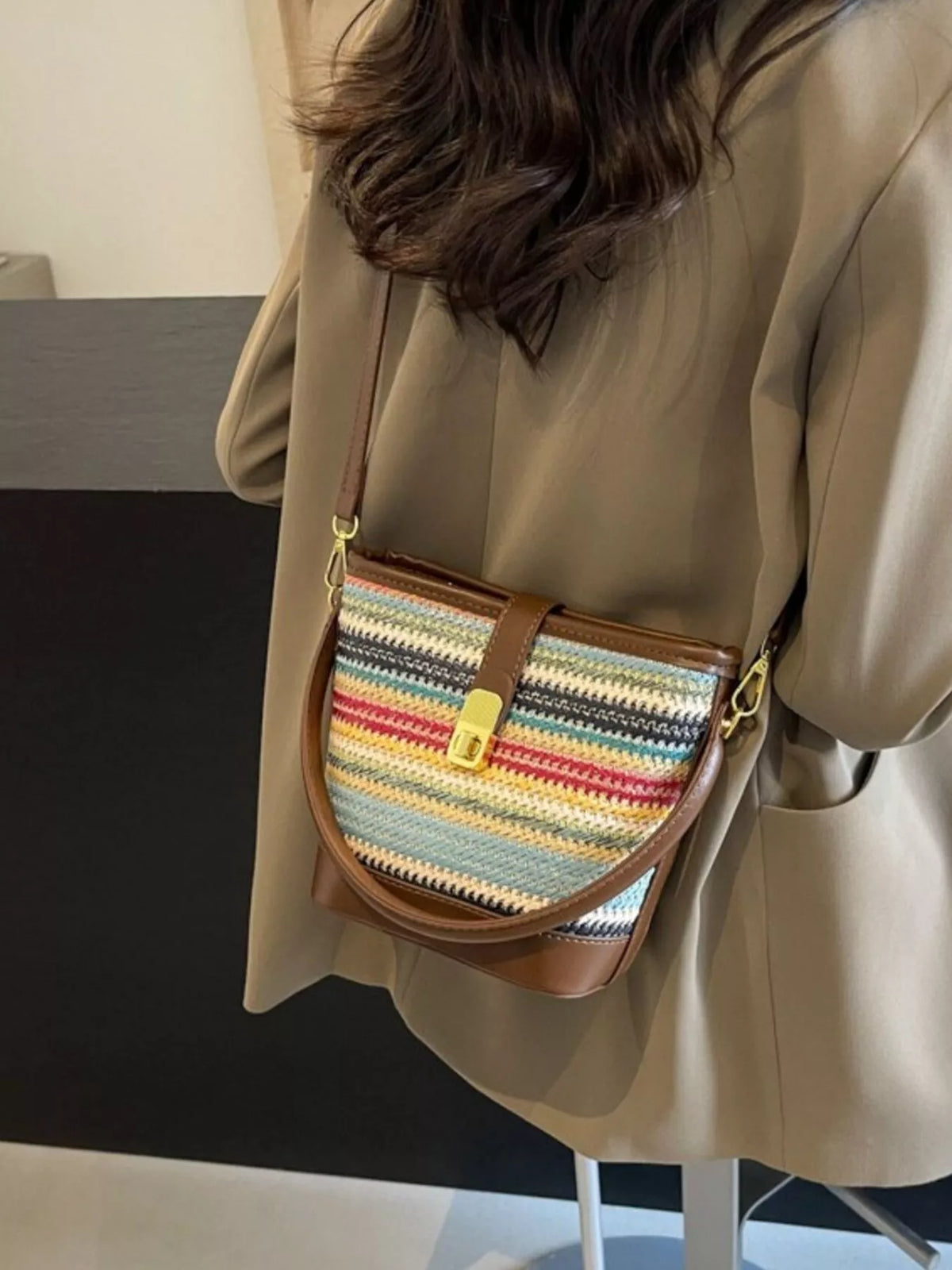 Striped Bucket Crossbody Bag - Brown - View 4
