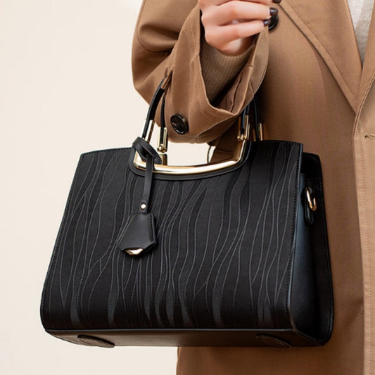 Textured Leather Top Handle Handbag - Black - View 1