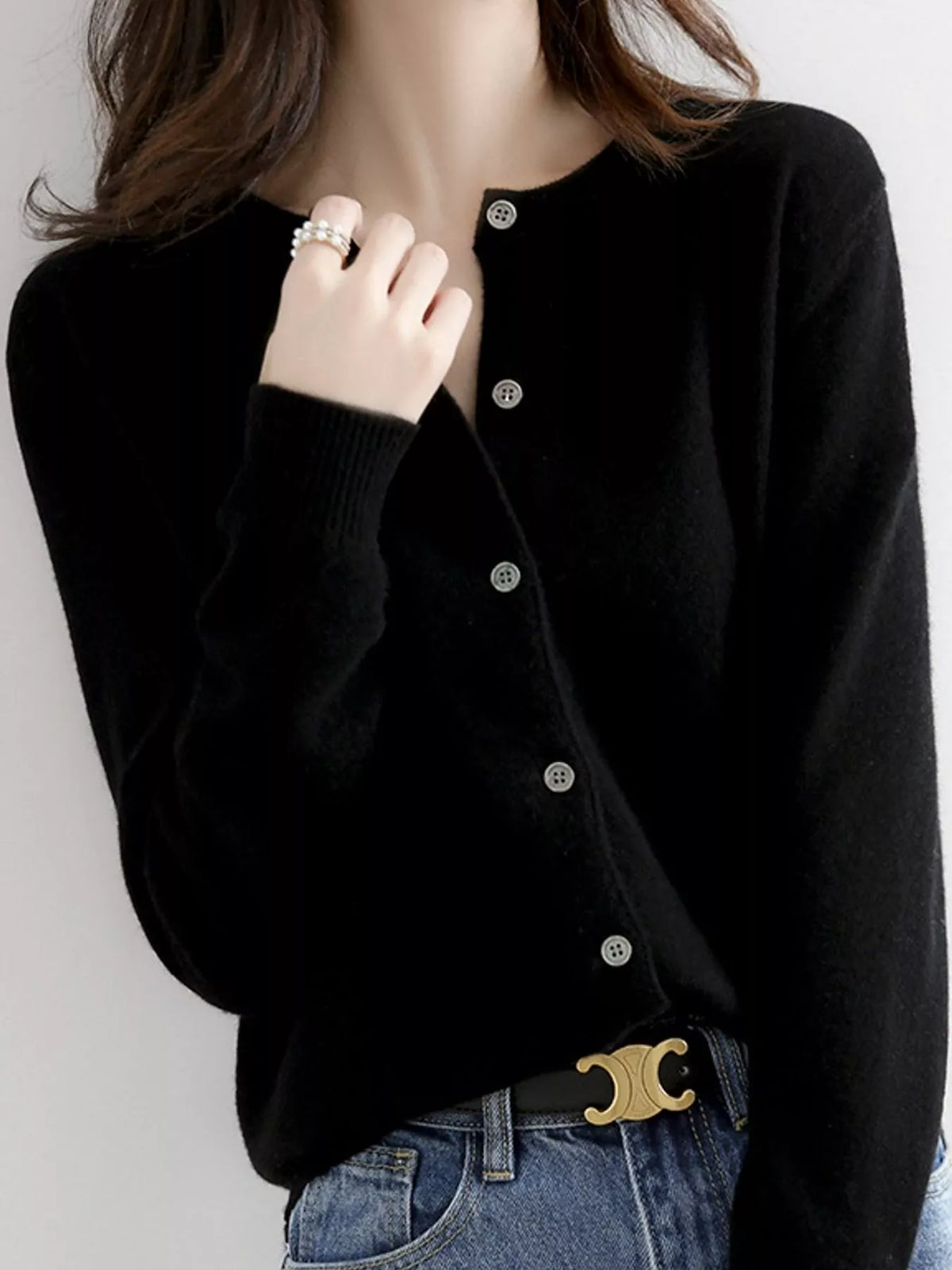 Crew-Neck Button-Down Cardigan - Black - View 16