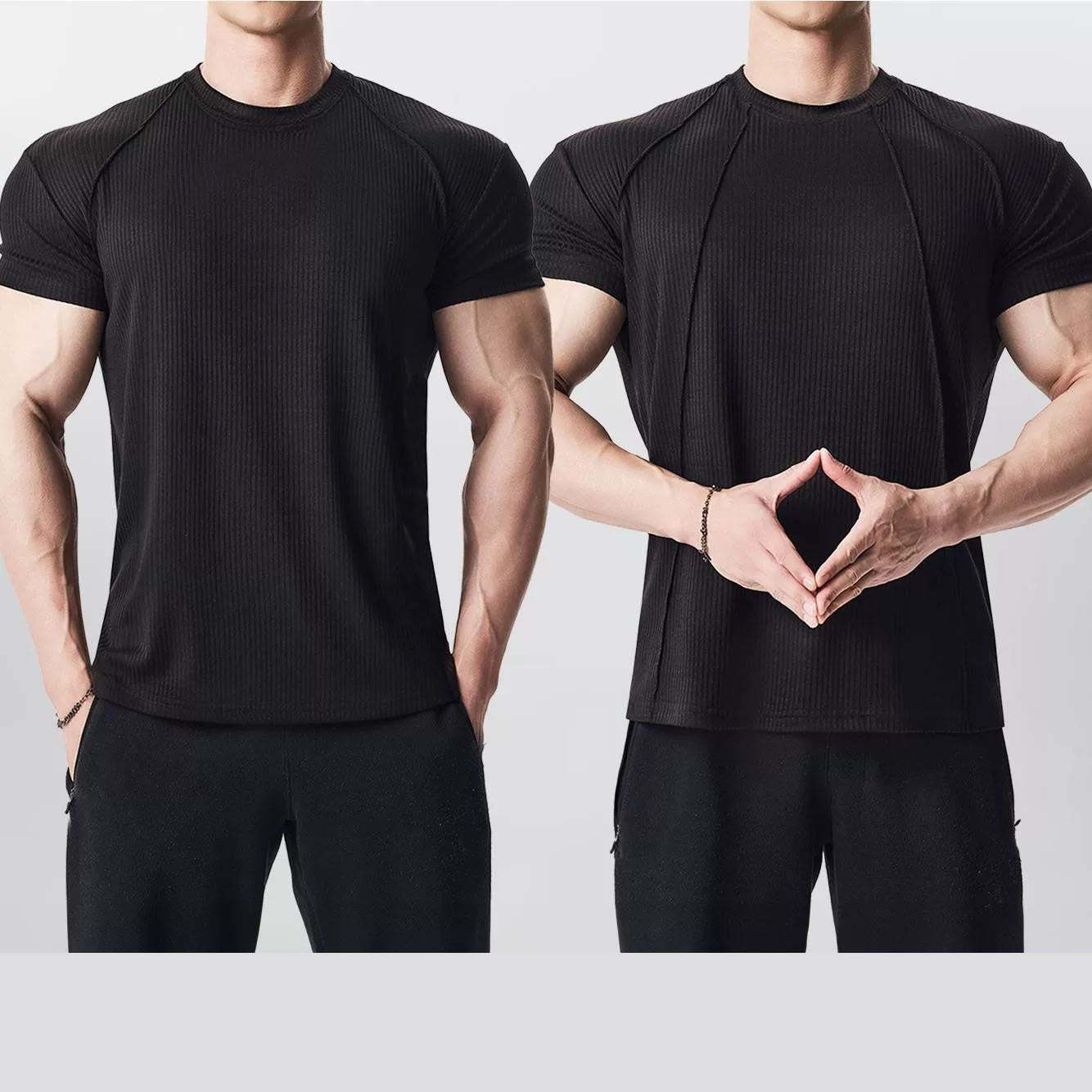 Custom Striped Panel Short Sleeve T-Shirt for Men, Sporty Casual Fitness Training Round Neck Solid Color Base Layer Clothing