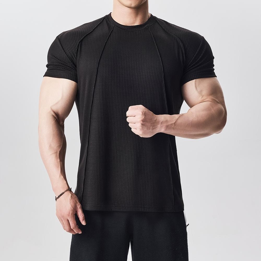 Custom Striped Panel Short Sleeve T-Shirt for Men, Sporty Casual Fitness Training Round Neck Solid Color Base Layer Clothing