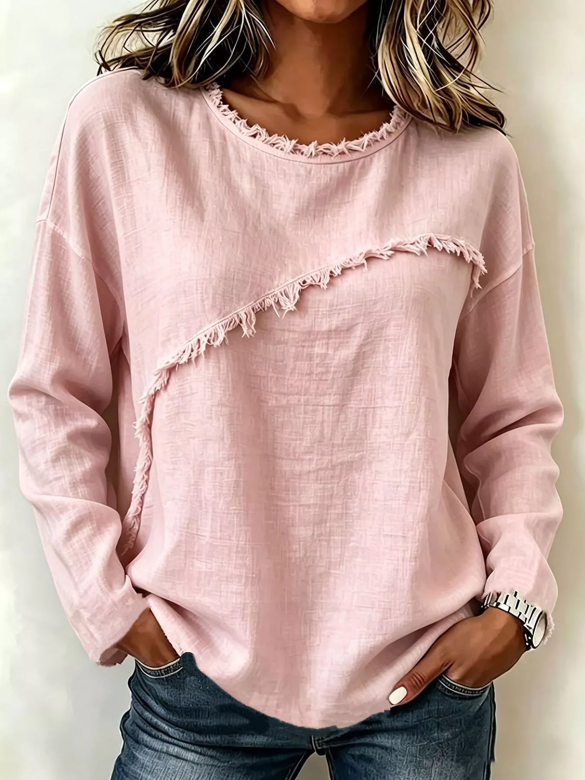 Frayed Hem Dropped Shoulder Blouse - Blush Pink - View 1