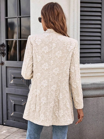 Floral Jacquard One Button Long Sleeve Blazer - Eggshell - View 4