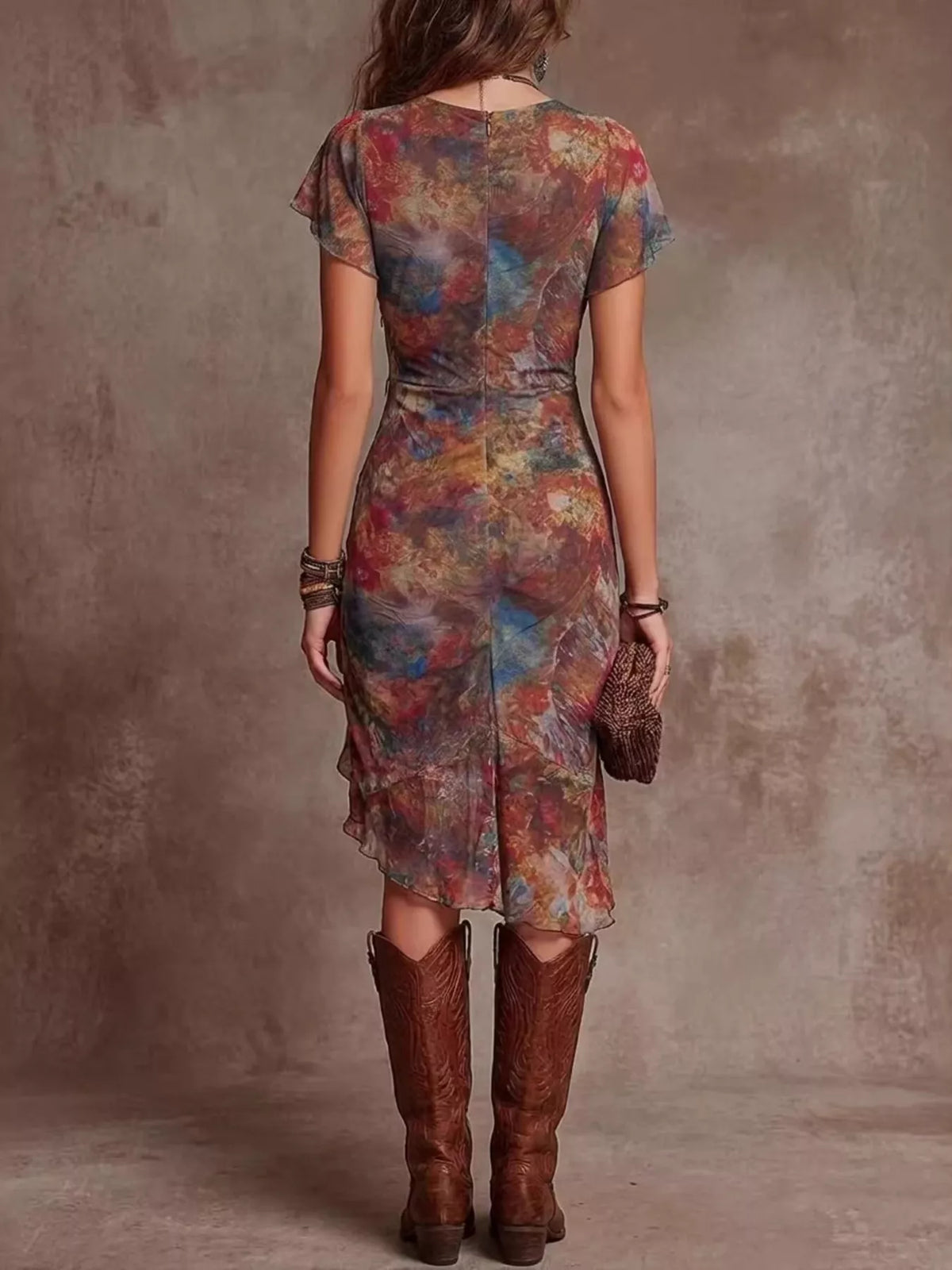 Floral Print V-Neck Midi Dress with High Slit - Multicolor - View 2
