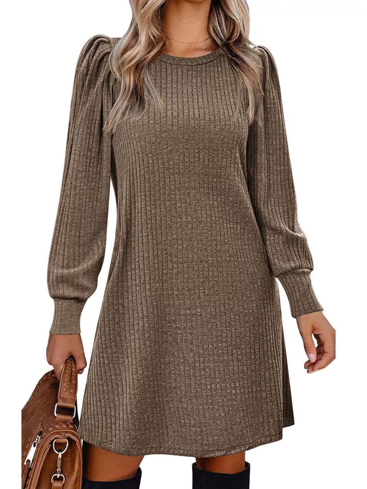 Puff Sleeve Ribbed Knit Dress with Pockets - Brown - View 10