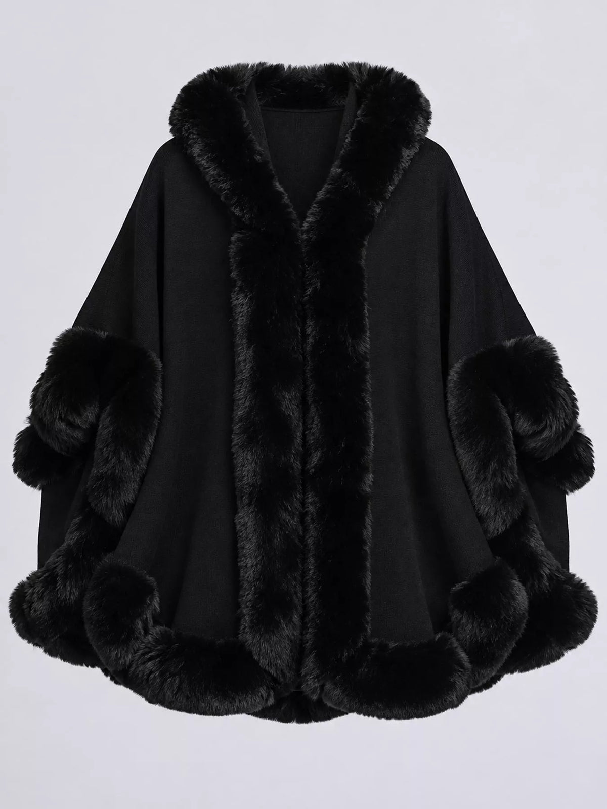 Faux Fur Trimmed Hooded Cape - Black - View 17