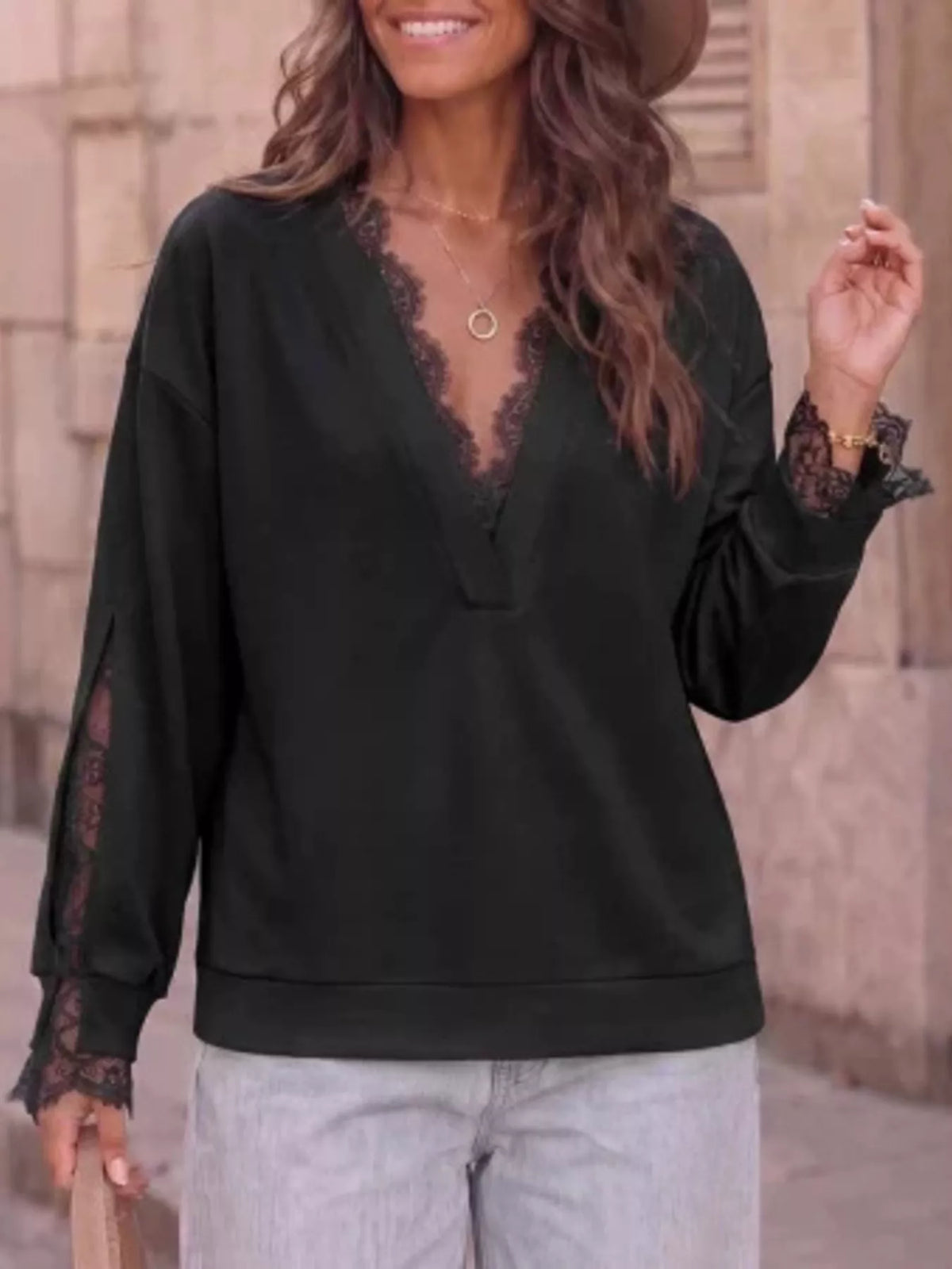 Lace Trim Split Sleeve Sweatshirt - Black - View 2