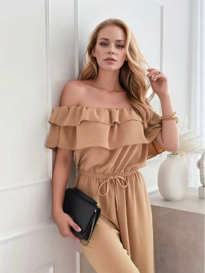 Ruffled Off-Shoulder Wide Leg Jumpsuit - Camel - View 3