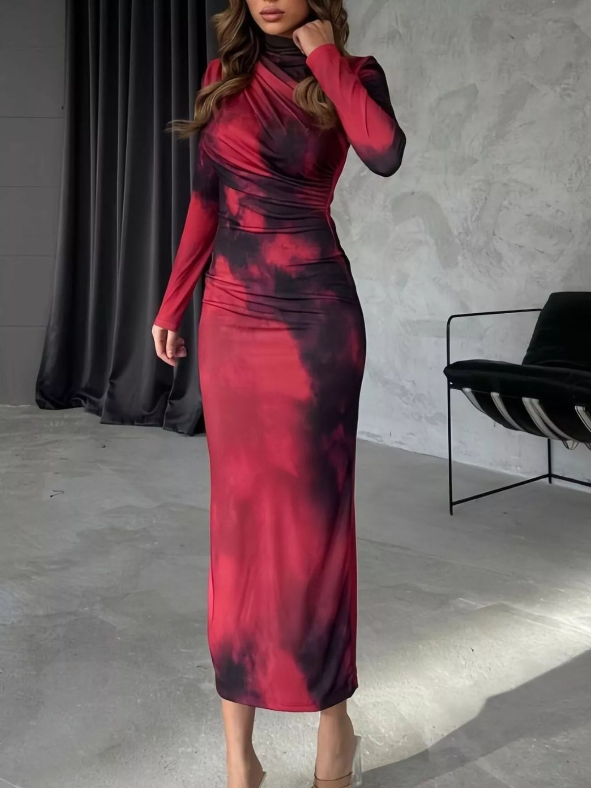 Mock Neck Long Sleeve Tie-Dye Bodycon Dress - Red - View 1