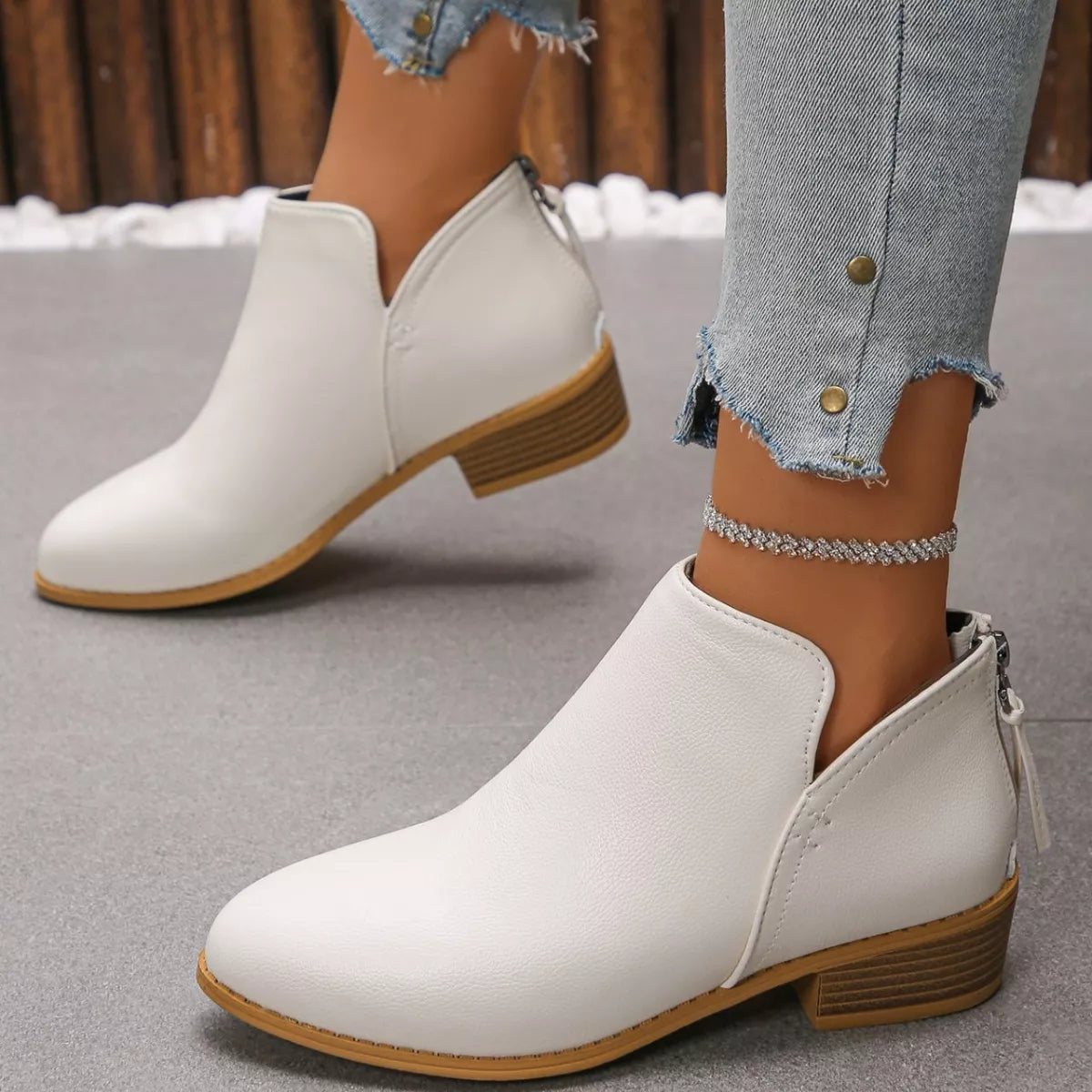 Point Toe Block Heels Boots - White - View 14