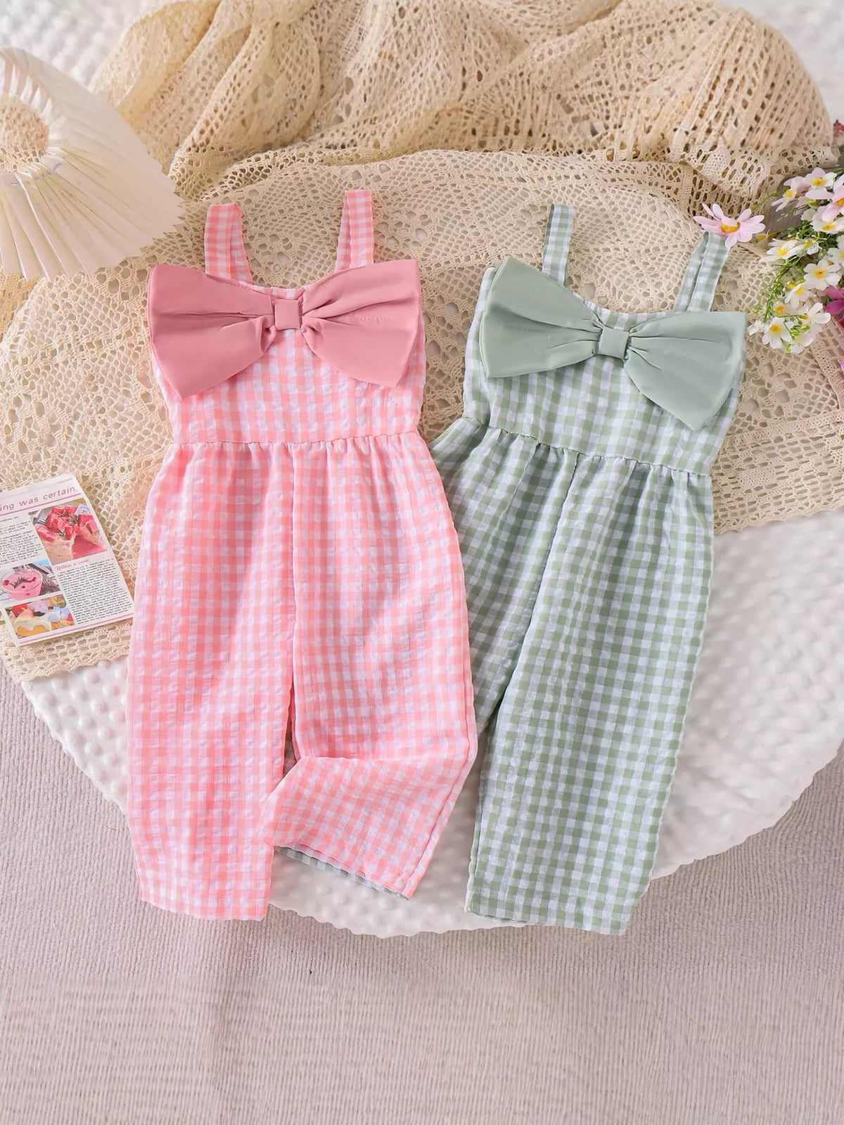 Children's Bow Plaid Wide Strap Jumpsuit - Color comparison - View 1