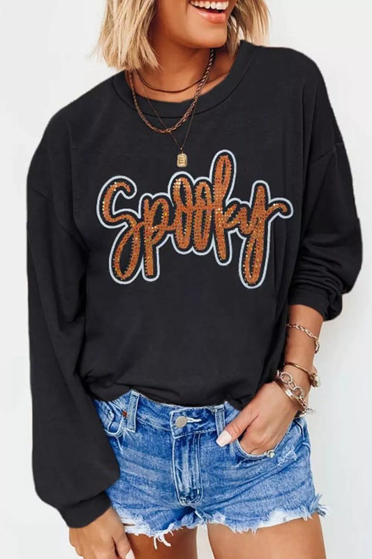 Spooky Rhinestone Drop Shoulder Sweatshirt - Black - View 1