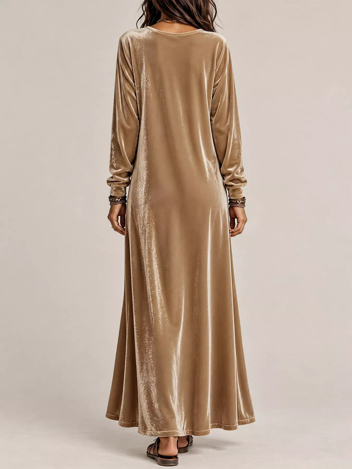 Velvet Long-Sleeve Maxi Dress - Khaki - View 18
