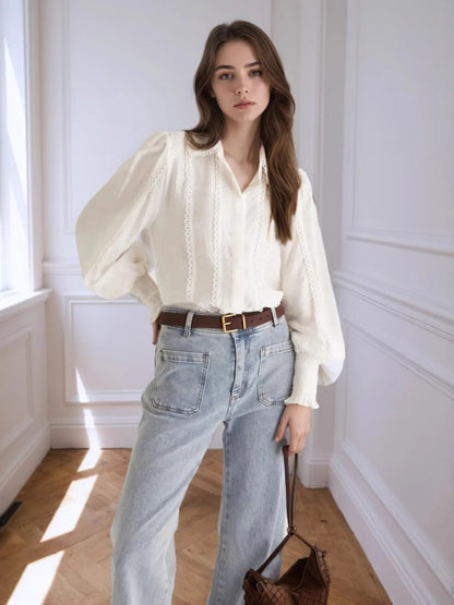 Collared Neck Lantern Sleeve Shirt - White - View 1