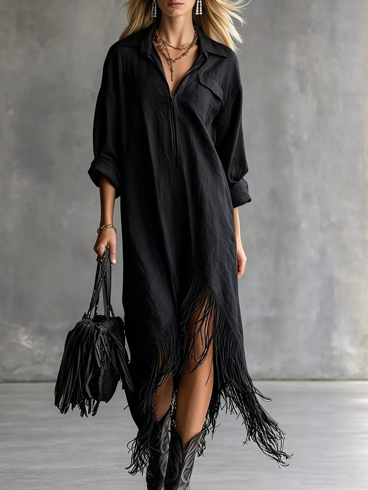 Zipper-Front Fringe Hem Midi Dress - Black - View 1