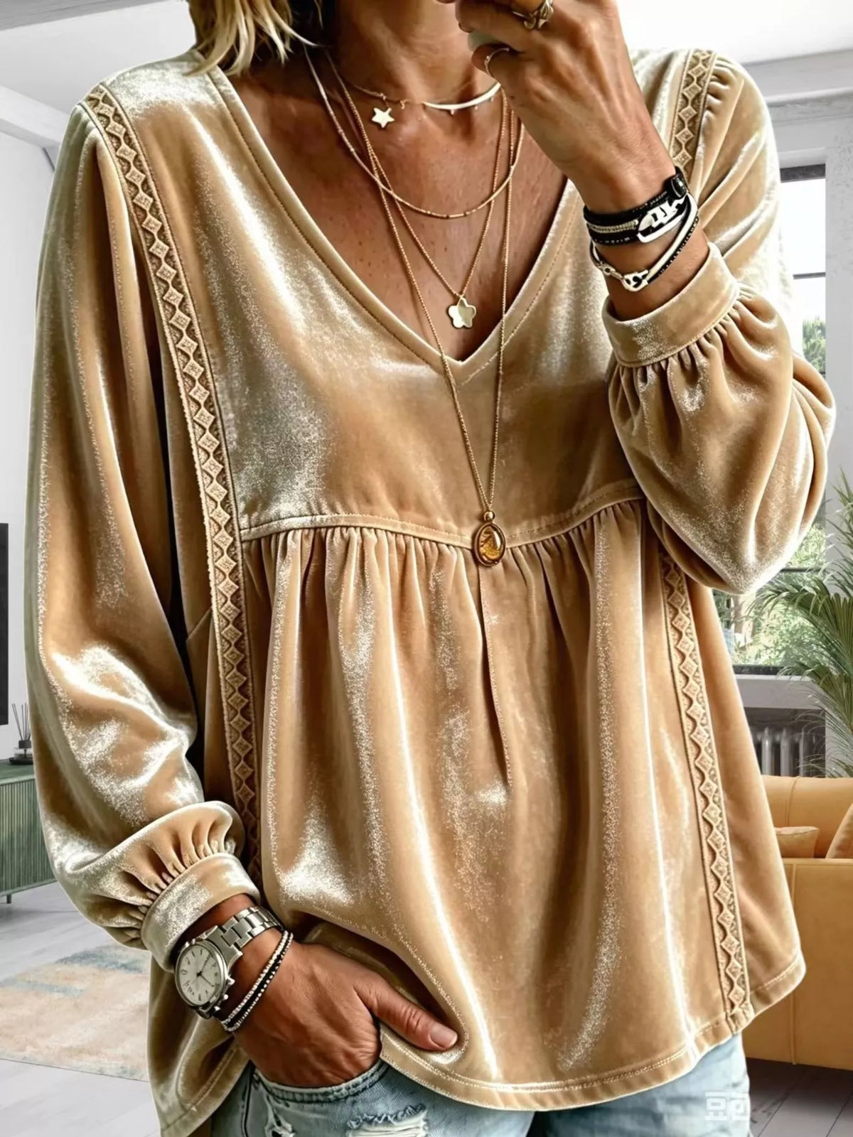 Full Size Velvet Lace Detail V-Neck Blouse Plus Size - Gold - View 7