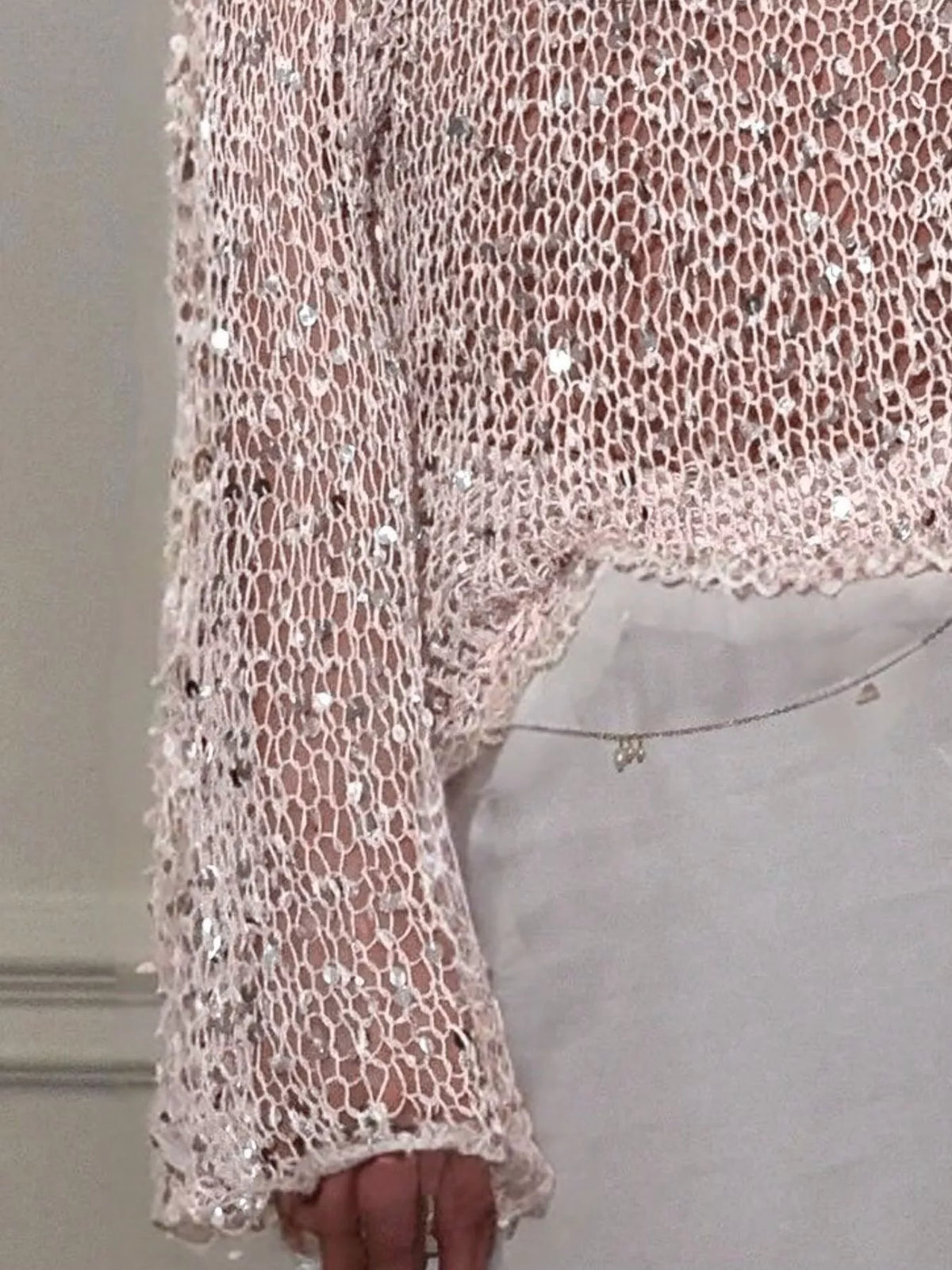 Sequin Long Sleeve Knit Cover Up - White - View 2