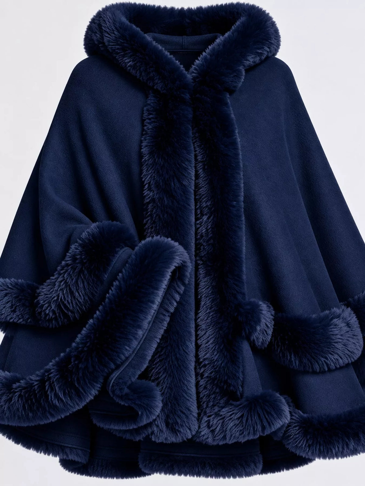 Faux Fur Trimmed Hooded Cape - Navy - View 63