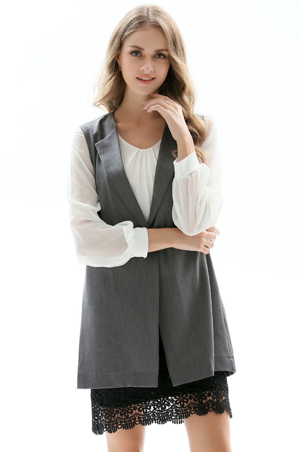 One-Button Sleeveless Longline Blazer - Mid Gray - View 4
