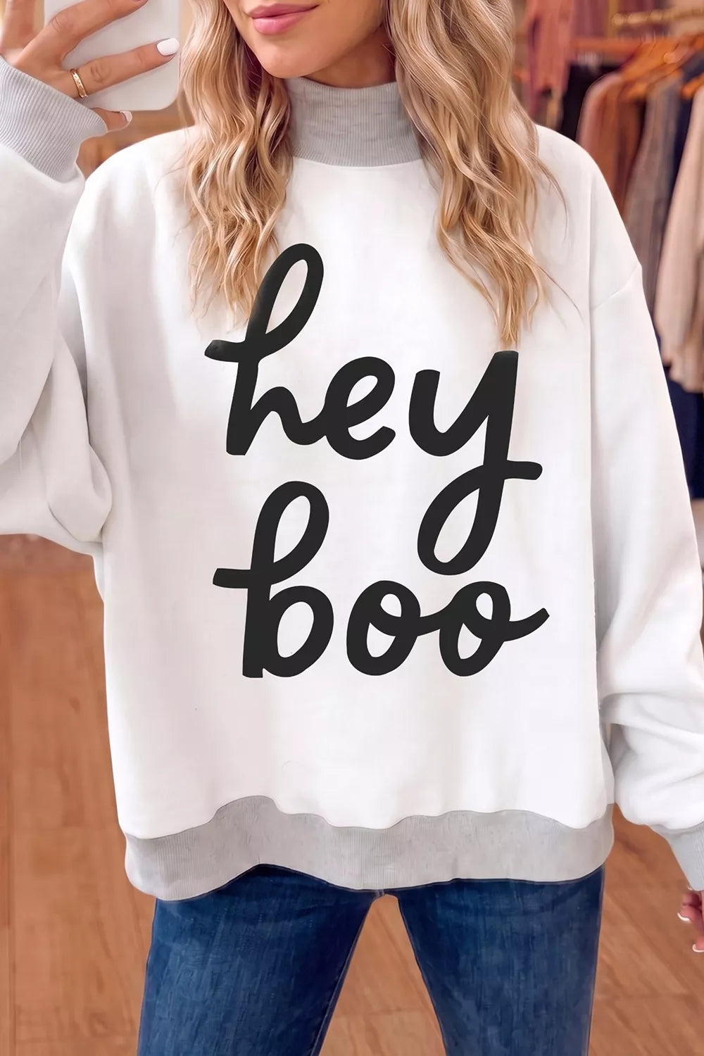 Reversible Halloween Graphic Mock Neck Tunic Sweatshirt - Light Gray - View 1