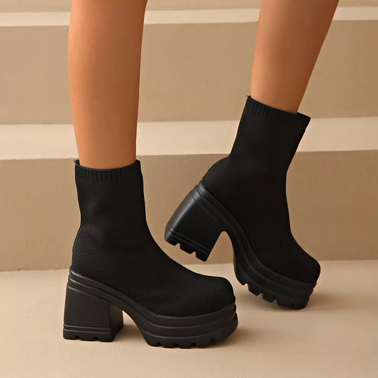 Round Toe Block Heels Boots - Black - View 1
