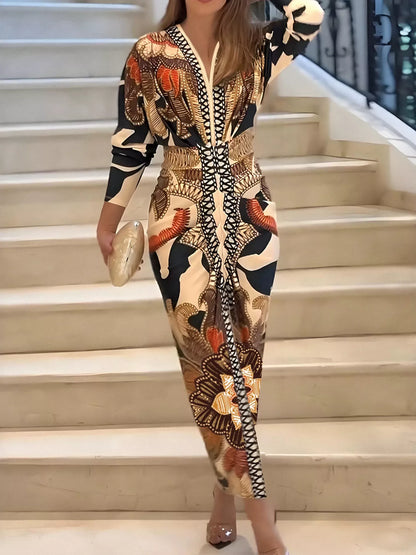Slit Printed V-Neck Long Sleeve Dress - Multicolor - View 1