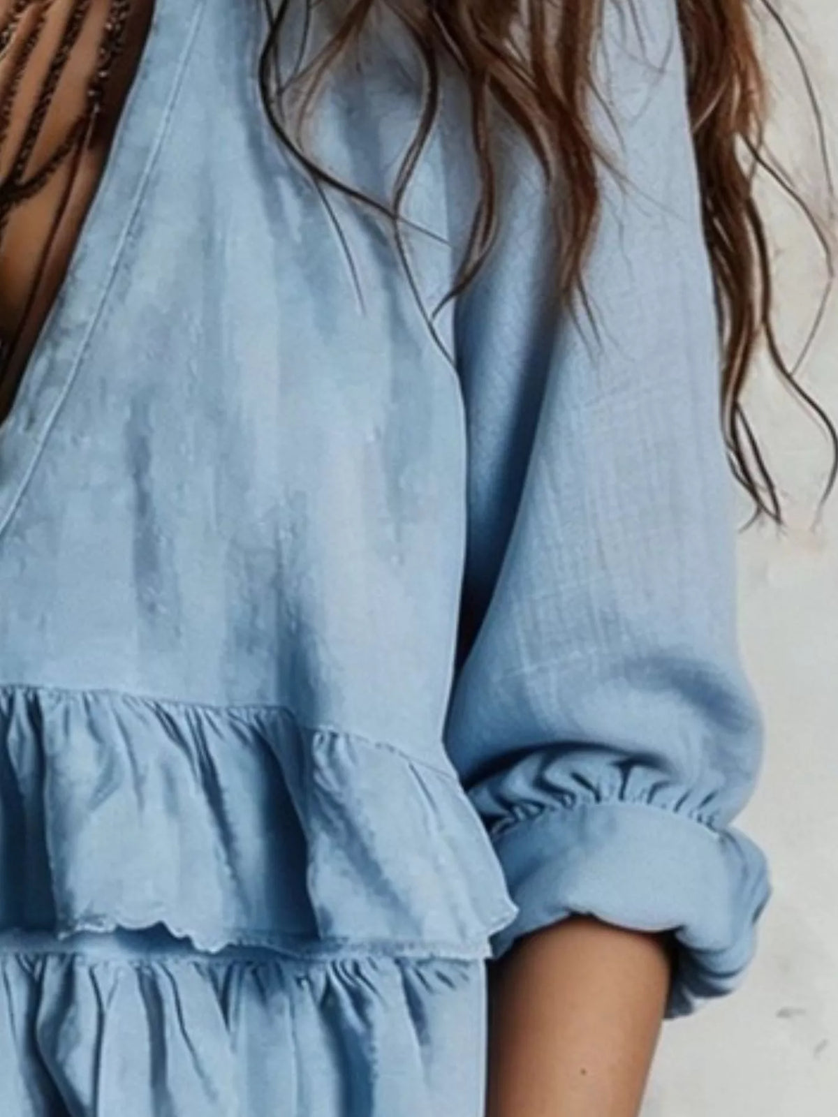 Full Size Ruffled Hem V-Neck Blouse Plus Size - Sky Blue - View 2