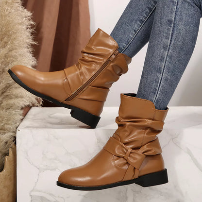 Round Toe Low Heel Boots - Brown - View 9