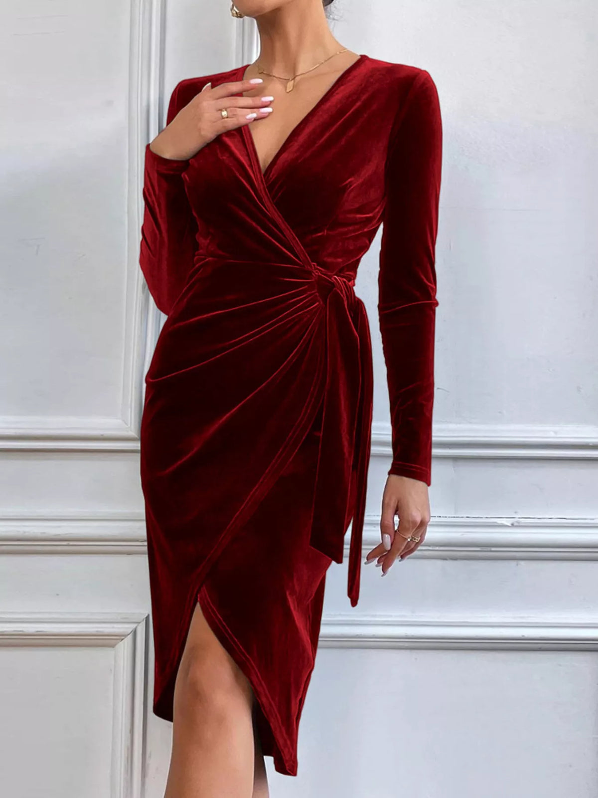 Velvet Wrap Long Sleeve Midi Dress - Wine Red - View 2