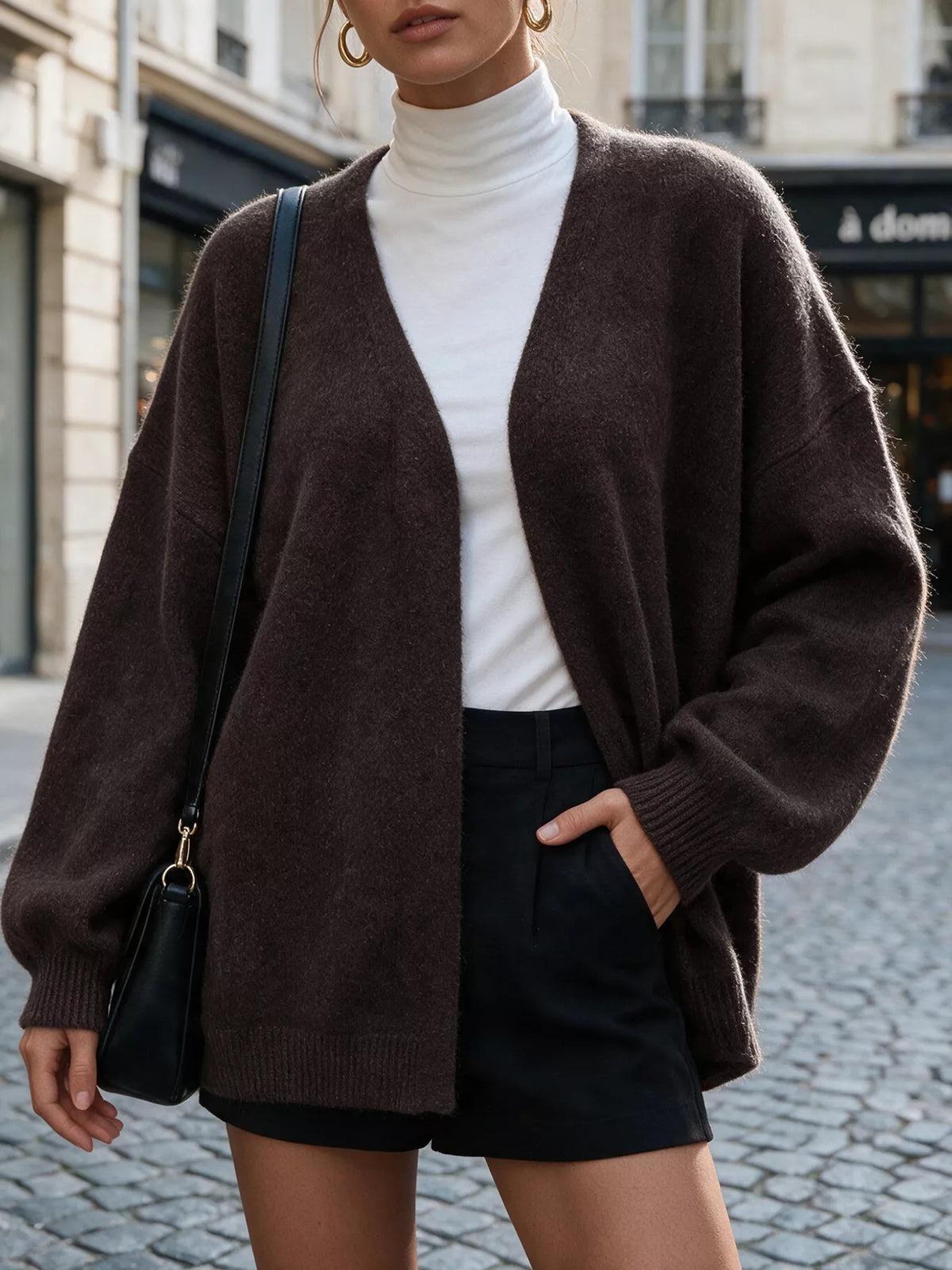 Tie Waist Dropped Shoulder Wrap Cardigan - Chocolate - View 4