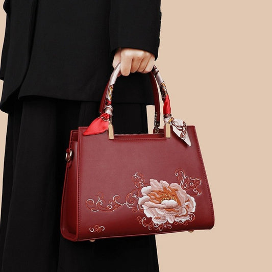 Embroidered Floral Leather Top Handle Handbag - Scarlet - View 1