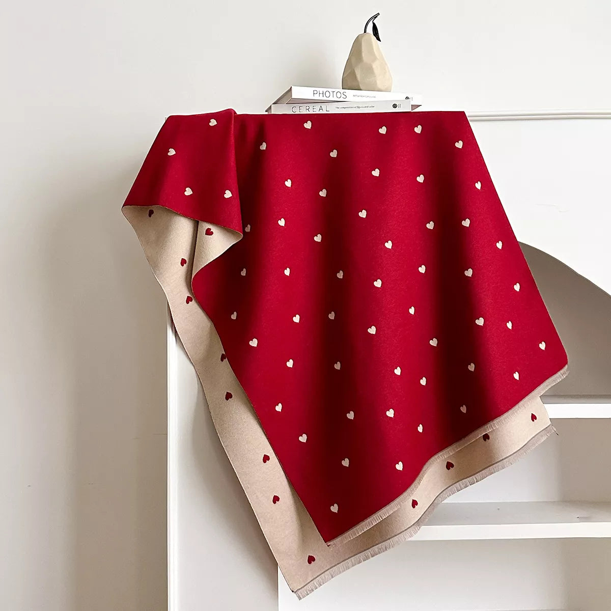 Heart-Patterned Raw Hem Winter Scarf - Deep Red - View 2